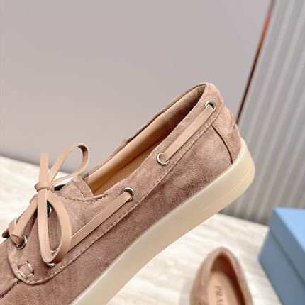 PRADA 26S LACE UP BOAT SHOES IN NUDE BROWN SUEDE WITH LACES