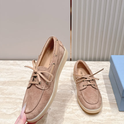 PRADA 26S LACE UP BOAT SHOES IN NUDE BROWN SUEDE WITH LACES