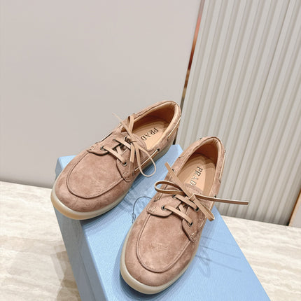 PRADA 26S LACE UP BOAT SHOES IN NUDE BROWN SUEDE WITH LACES