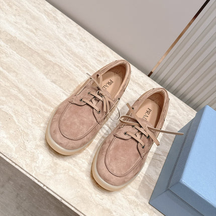 PRADA 26S LACE UP BOAT SHOES IN NUDE BROWN SUEDE WITH LACES