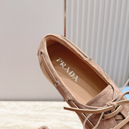 PRADA 26S LACE UP BOAT SHOES IN NUDE BROWN SUEDE WITH LACES