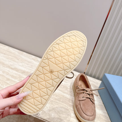PRADA 26S LACE UP BOAT SHOES IN NUDE BROWN SUEDE WITH LACES