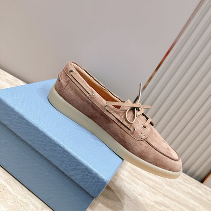 PRADA 26S LACE UP BOAT SHOES IN NUDE BROWN SUEDE WITH LACES