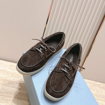 PRADA 26S LACE UP BOAT SHOES IN DARK BROWN SUEDE WITH LACES