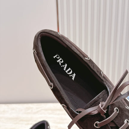 PRADA 26S LACE UP BOAT SHOES IN DARK BROWN SUEDE WITH LACES