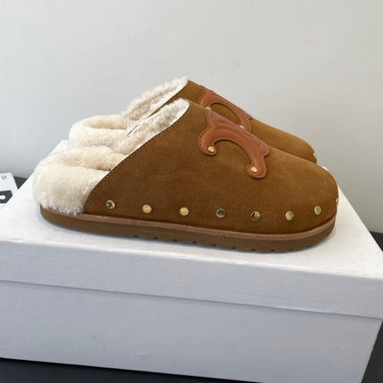 CELINE 26S FUR-LINED MULES IN BROWN SUEDE