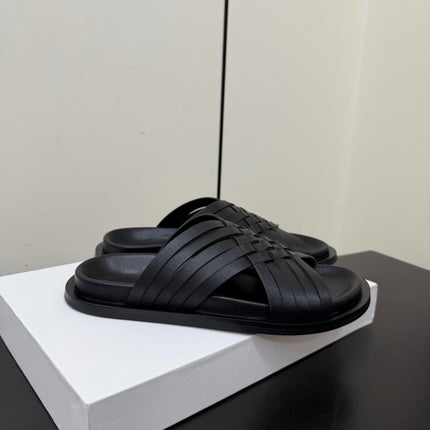 THE ROW 26S CROSS STRAP SANDALS IN BLACK CALFSKIN
