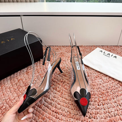 ALAIA 26S POINTED-TOE SLINGBACK HEELS IN BLACK LAMBSKIN AND TRANSPARENT PVC