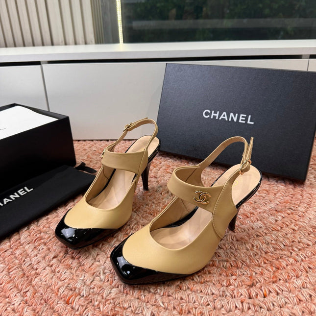 CHANEL 26S SQUARE TOE HIGH HEELS SLINGBACKS IN BEIGE LAMBSKIN WITH BLACK TOE