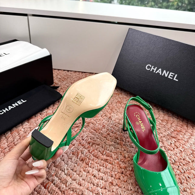 CHANEL 26S SQUARE TOE HIGH HEELS SLINGBACKS IN GREEN CALFSKIN