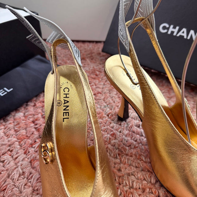 CHANEL 26S POINTED TOE HIGH HEEL SLINGBACKS IN GOLD MIX SILVER LAMBSKIN WITH FLORAL APPLIQUE