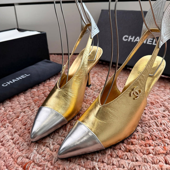 CHANEL 26S POINTED TOE HIGH HEEL SLINGBACKS IN GOLD MIX SILVER LAMBSKIN WITH FLORAL APPLIQUE