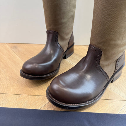 PRADA 26S BIKER BOOTS IN BEIGE CANVAS AND DARK BROWN CALFSKIN