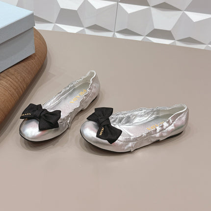 PRADA 26S ROUND TOE FLATS WITH BOW IN SILVER CALFSKIN