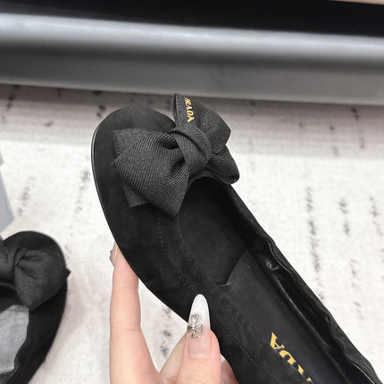 PRADA 26S ROUND TOE FLATS WITH BOW IN BLACK SUEDE