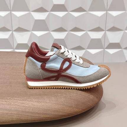 LOEWE 26S FLOW RUNNER SNEAKER IN GRAY AND BLUE SUEDE AND DARK RED CALFSKIN