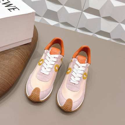 LOEWE 26S FLOW RUNNER SNEAKER IN LIGHT PINK SUEDE AND ORANGE CALFSKIN