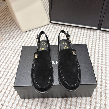 CHANEL 26S SLINGBACK LOAFERS IN BLACK SUEDE