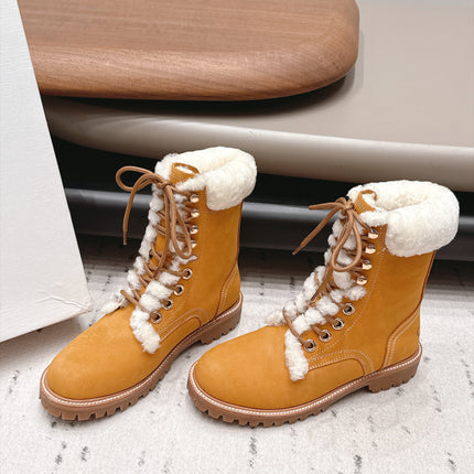 CELINE 26S LACE UP ANKLE BOOTS 40 MM IN TAN SUEDE AND WHITE SHEARLING