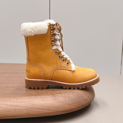 CELINE 26S LACE UP ANKLE BOOTS 40 MM IN TAN SUEDE AND WHITE SHEARLING