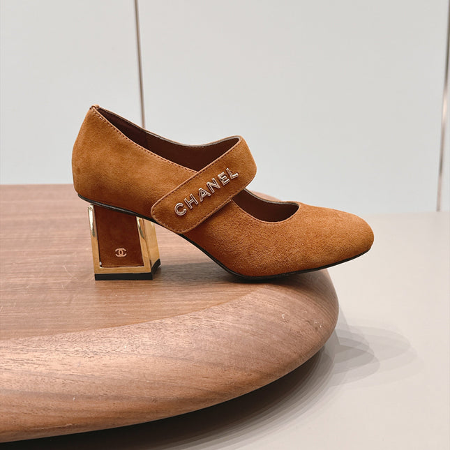 CHANEL 26S MARY JANE BLOCK HEEL PUMPS 80 MM IN BROWN SUEDE