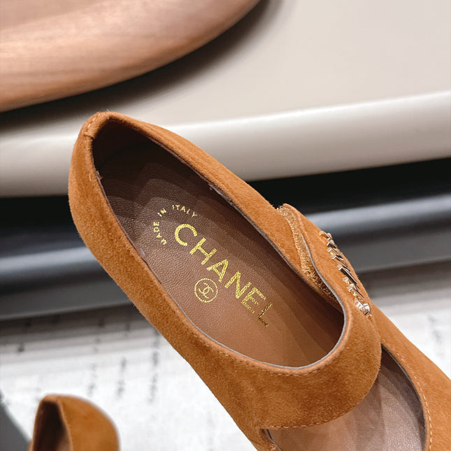 CHANEL 26S MARY JANE BLOCK HEEL PUMPS 80 MM IN BROWN SUEDE