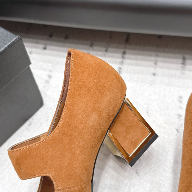 CHANEL 26S MARY JANE BLOCK HEEL PUMPS 80 MM IN BROWN SUEDE
