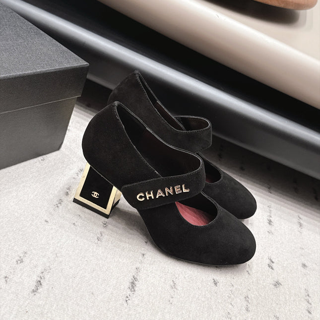 CHANEL 26S MARY JANE BLOCK HEEL PUMPS 80 MM IN BLACK SUEDE