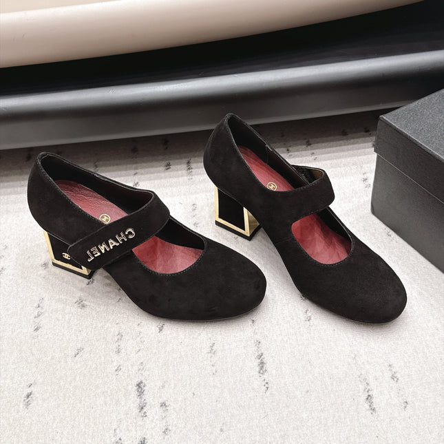 CHANEL 26S MARY JANE BLOCK HEEL PUMPS 80 MM IN BLACK SUEDE