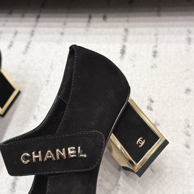 CHANEL 26S MARY JANE BLOCK HEEL PUMPS 80 MM IN BLACK SUEDE