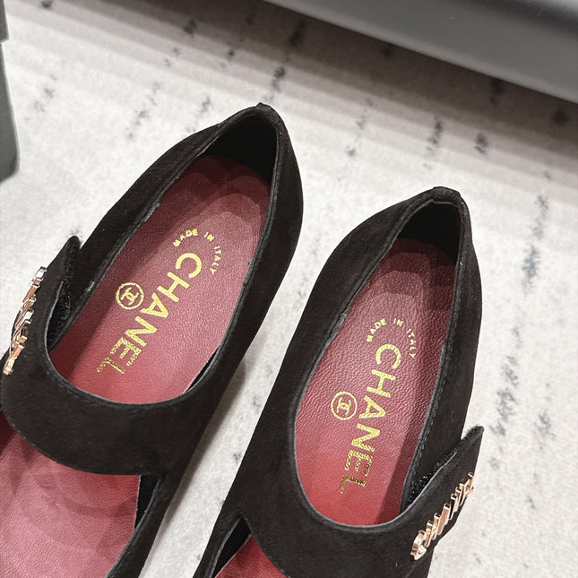 CHANEL 26S MARY JANE BLOCK HEEL PUMPS 80 MM IN BLACK SUEDE