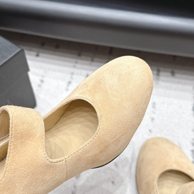 CHANEL 26S MARY JANE BLOCK HEEL PUMPS 80 MM IN BEIGE SUEDE