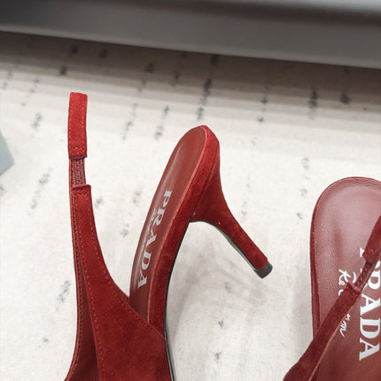 PRADA 26S POINTED TOE SLINGBACK HEEL PUMPS 80MM IN BURGUNDY RED SUEDE WITH FLORAL