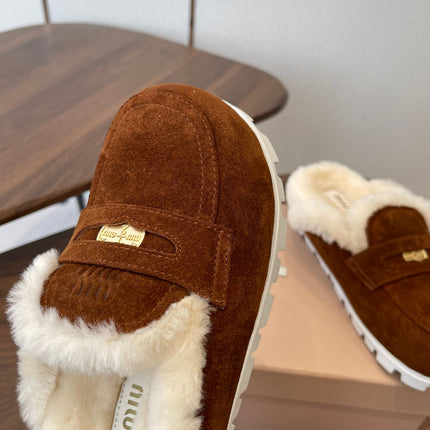MIUMIU 25S MULES SLIPPERS SHEEPWOOL IN DARK BROWN SUEDE