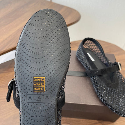 ALAIA 26S MESH FLATS IN BLACK SUEDE RHINESTONE-EMBELLISHED