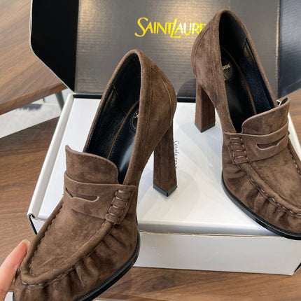 YSL 26S HEELED LOAFERS 100 MM IN DARK BROWN SUEDE