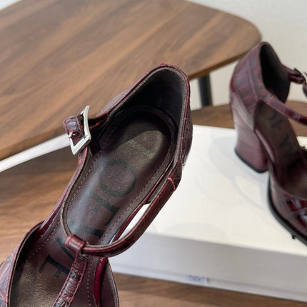 LOEWE 26S ONDA 90MM T-STRAP HIGH-HEEL SHOES IN WINE RED EMBOSSED CROCODILE CALFSKIN