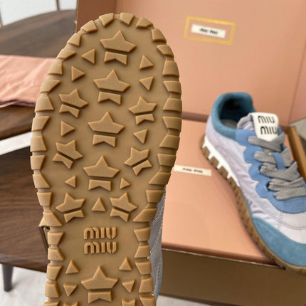 MIUMIU 26S SNEAKERS IN LIGHT GRAY AND BLUE FABRIC AND SUEDE