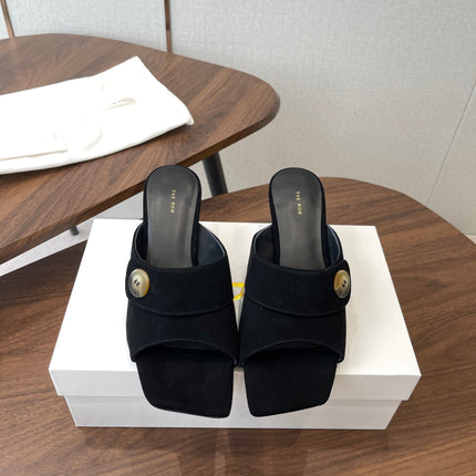 THE ROW 26S BUTTON DETAIL MULE HEELS 70MM IN BLACK SUEDE