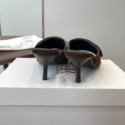 THE ROW 26S BUTTON DETAIL MULE HEELS 70MM IN BROWN SUEDE
