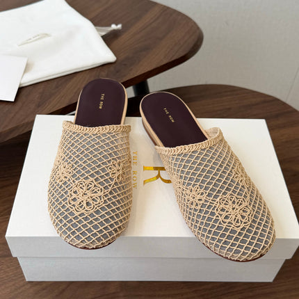 THE ROW 26S MULE FLATS IN BEIGE CROCHET MESH