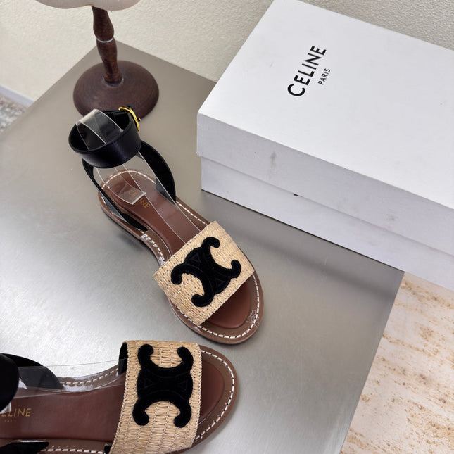 CELINE 25S TRIOMPHE SANDALS BEIGE RAFFIA BLACK WOOL