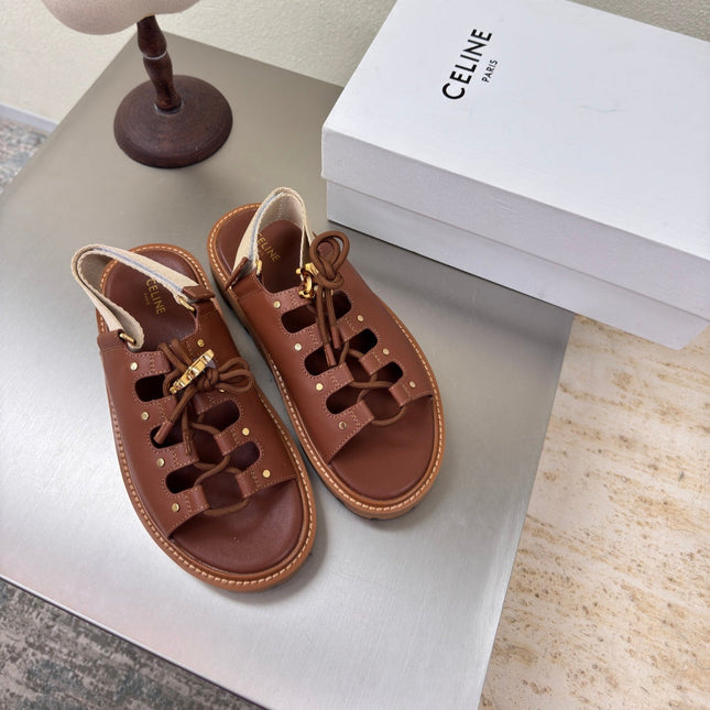 CELINE 25S BILLIE CHUNKY SANDAL IN BROWN CALFSKIN AND TEXTILE