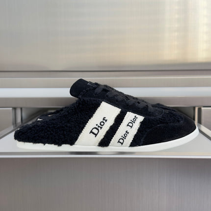 DIOR 26S BACKLESS SLIP ON SNEAKERS IN BLACK TEDDY FABRIC AND SUEDE WITH WHITE LOGO STRIPES