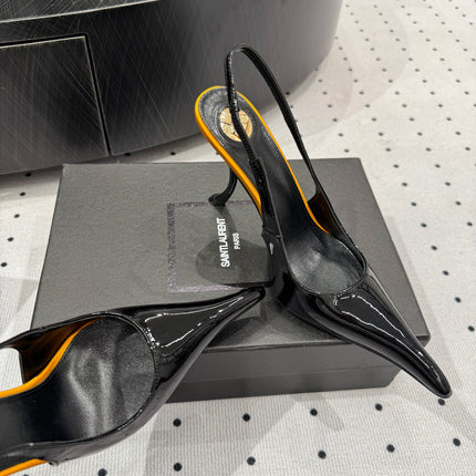 YSL 26S POINTED-TOE SLINGBACK HEELS 105 MM IN BLACK AND ORANGE PATENT CALFSKIN