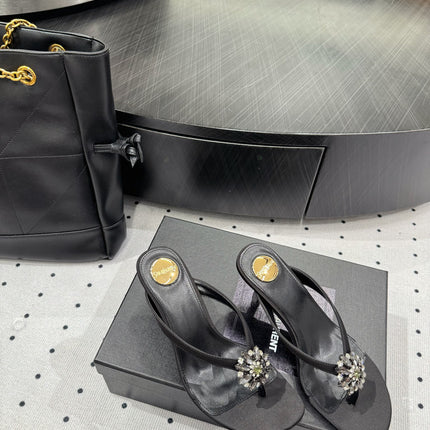 YSL 26S TOE-POST HIGH HEEL SANDALS 75 MM IN BLACK FABRIC