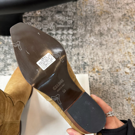 CELINE 26S ANKLE BOOTS 55 MM IN CAMEL BROWN SUEDE