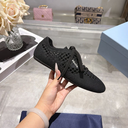 PRADA 26S LACE UP OPENWORK KNIT SNEAKERS IN BLACK KNIT FABRIC