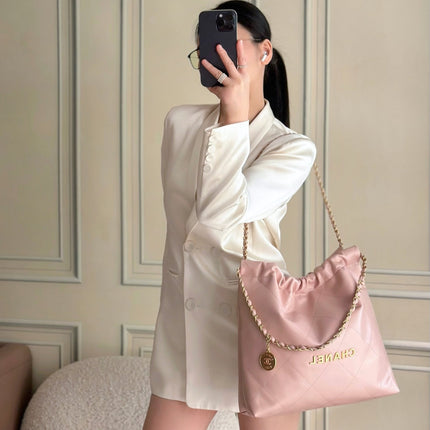 CHANEL 26S 22 BAG 42 IN PASTEL PINK QUILTED SHINY CALFSKIN