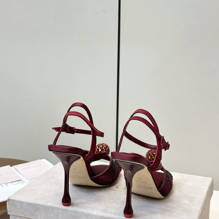 JIMMY CHOO 26S  HEELED SANDALS 100 MM IN DARK RED CRYSTAL EMBELLISHMENT